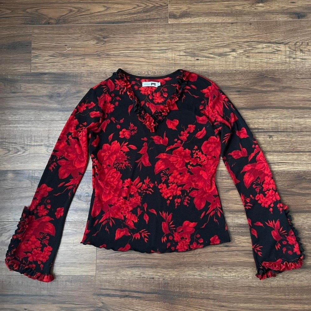 Vintage Red Floral‎ Ruffle Trim Top Long Sleeve Blouse Gothic Romantic Women L
